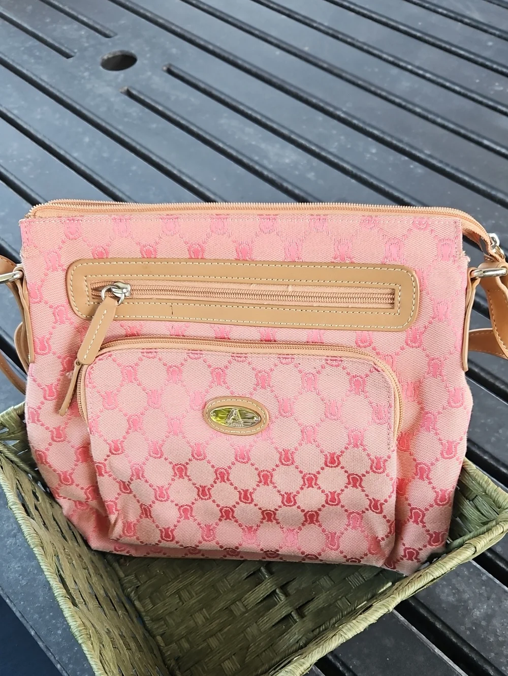 Pink Patterned Crossbody Bag with Tan Trim